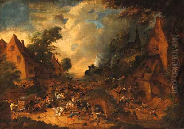 A cavalry skirmish in a village Oil Painting by Lucas Smout II