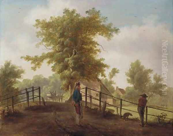 A landscape with two men and a dog on a bridge Oil Painting by Hendrik De Meyer II