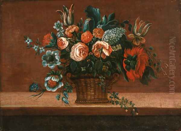 Parrot tulips, roses and carnations in a basket on a stone ledge Oil Painting by Pieter Gaspar Verburggen II