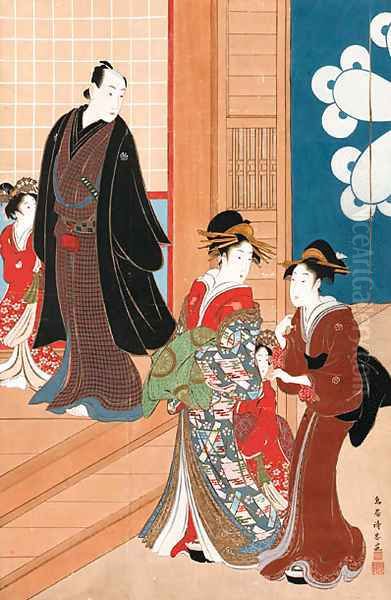 Courtesan arriving to meet her client at a teahouse Oil Painting by Torii Kiyotada II