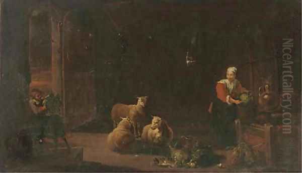 A barn interior with sheep and a woman preparing vegetables Oil Painting by David Ryckaert II