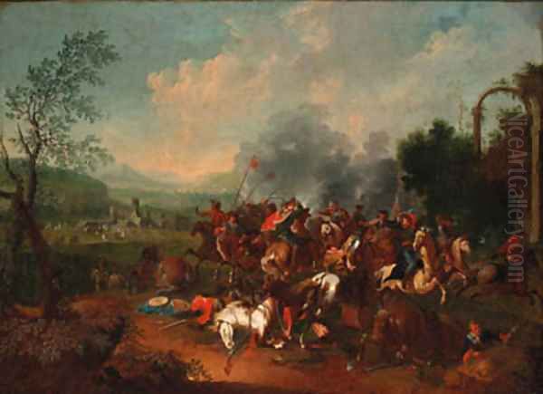 A cavalry skirmish near a castle Oil Painting by Georg Phillip Rugendas II