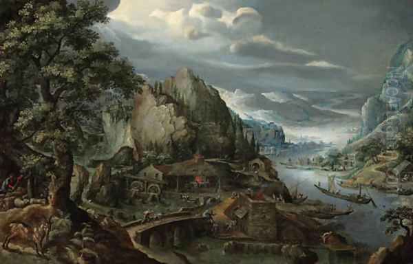 A mountainous river valley, with an iron foundry, a town in the distance Oil Painting by Marten Van Valkenborch I