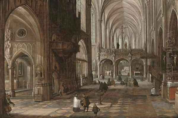 The interior of a gothic cathedral with figures Oil Painting by Hendrick Van Steenwijck II