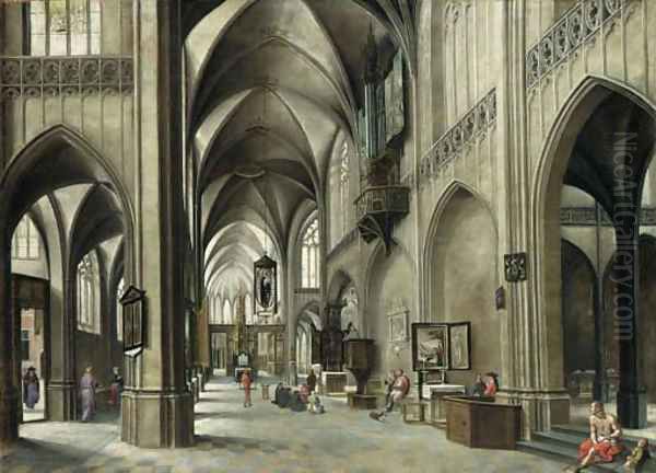 The interior of a Gothic church with a friar preaching from a pulpit Oil Painting by Hendrick Van Steenwijck II