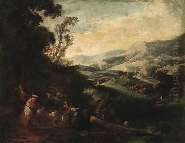 A mountainous Landscape with Peasants drawing Water from a Well Oil Painting by Ignacio de Iriarte