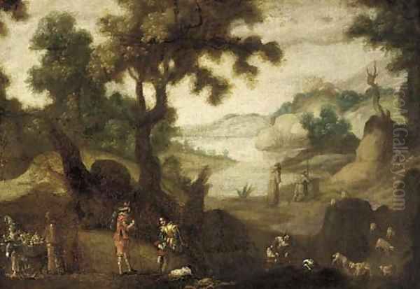 A landscape with monks, travellers, a fruit seller and a shepherd and his flock Oil Painting by Ignacio de Iriarte