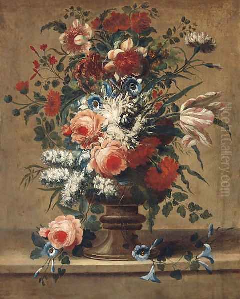 Flowers in a vase on a stone ledge Oil Painting by Jan Baptiste Bosschaert II