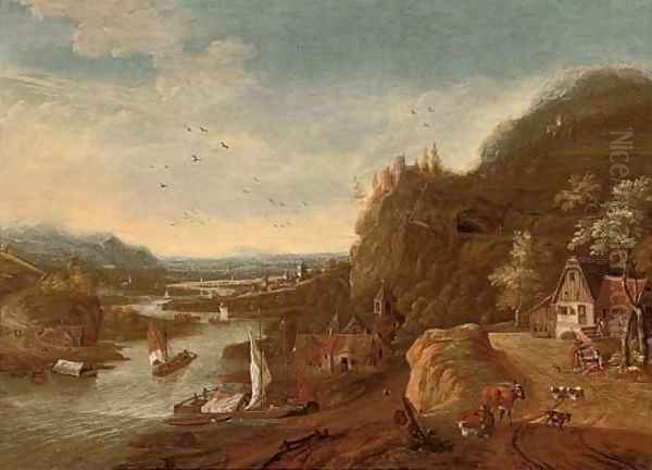 A Rhenish landscape with sailing barges, a castle on a hill beyond Oil Painting by Jan Griffier II