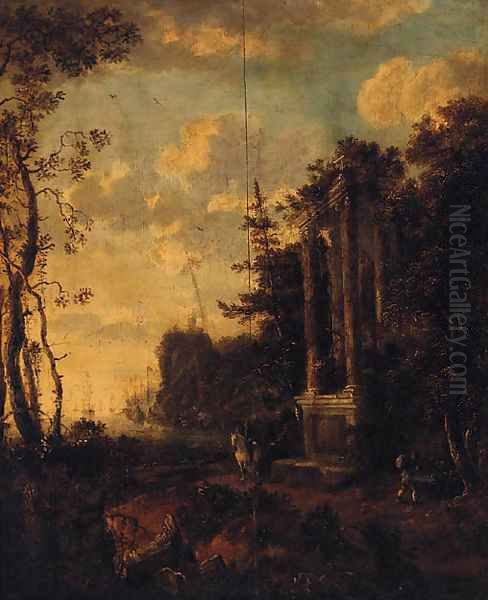 A coastal inlet with a horseman by a classical ruin Oil Painting by Jan Griffier II