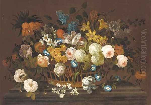 Lillies, tulips, roses, hydrangea, lilac, chrysanthemums, and other flowers in a basket, on a marble plinth Oil Painting by Pieter Casteels III