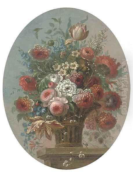 Roses, tulips, morning glory, narcissi and other flowers in a basket on a ledge 2 by Pieter Casteels III