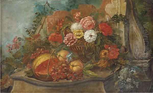 A melon, grapes on the vine, peaches and mixed flowers Oil Painting by Pieter Casteels III