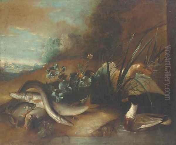 Dead fish by a pond with ducks in a wooded clearing Oil Painting by Pieter Casteels III