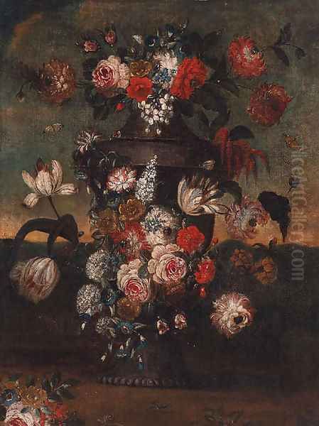 Flowers in an urn in a landscape Oil Painting by Pieter Casteels III