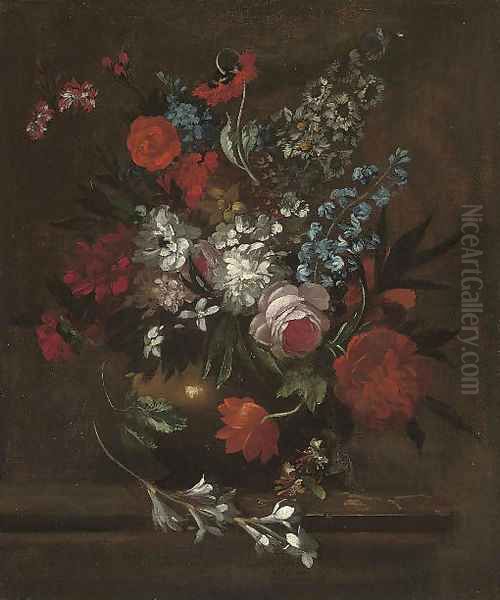 Roses, chrysanthemums, morning glory, lilies, carnations and other flowers in a vase on a stone ledge Oil Painting by Pieter Casteels III