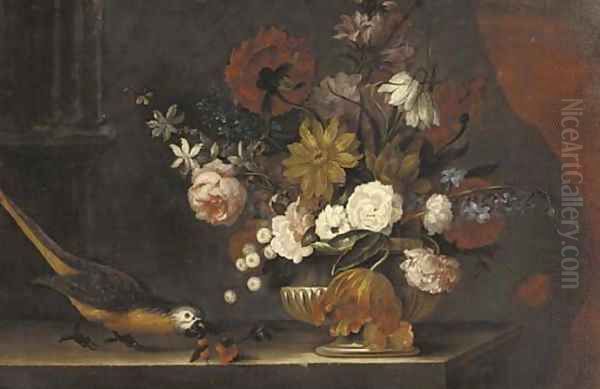 Roses, tulips, lilies and other flowers in a stone urn with a parrot on a ledge Oil Painting by Pieter Casteels III