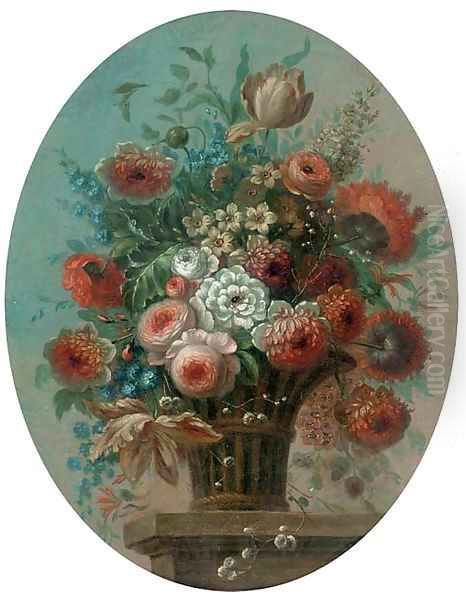 Roses, tulips, morning glory, narcissi and other flowers in a basket on a ledge Oil Painting by Pieter Casteels III