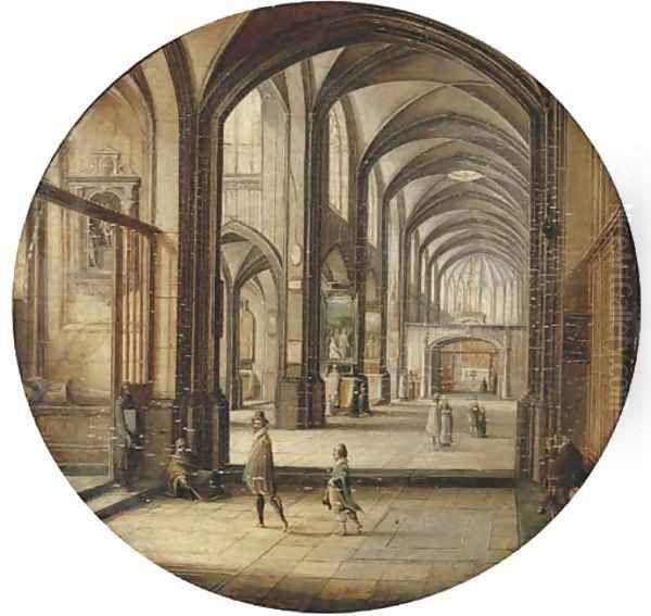 The interior of a cathedral with gentlemen and beggars Oil Painting by Hendrick Van Steenwijck II