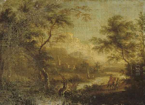 A wooded river landscape with travellers on a track, a village beyond Oil Painting by Dirck Dalens II