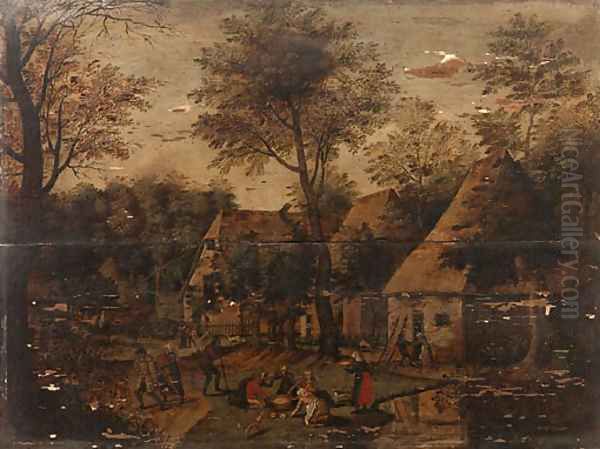 A wooded Landscape with Peasants in a Village Oil Painting by Pieter Breughel II