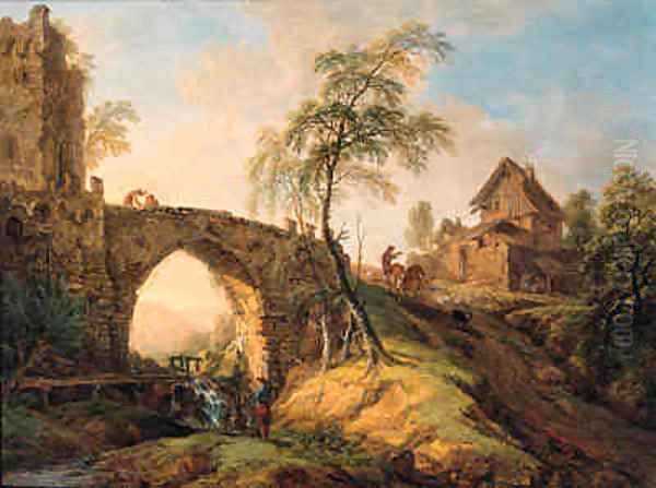 Travellers on a stone bridge waving Oil Painting by Christian Georg Schuttz II