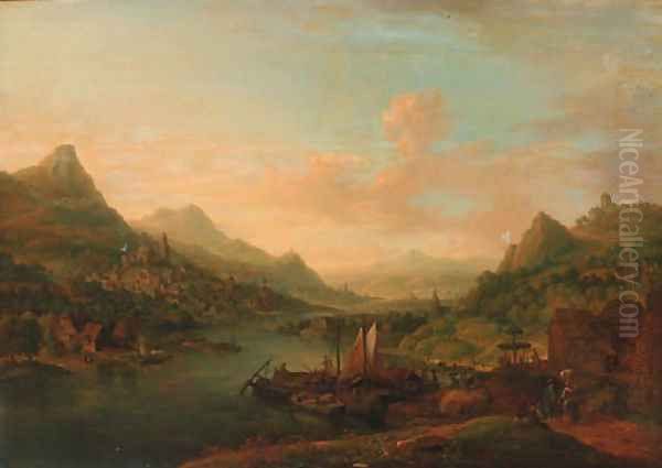 An extensive Rhenish landscape, with boats moored by a jetty Oil Painting by Christian Georg Schuttz II