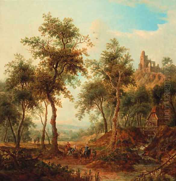 A wooded landscape with a hunting party by a stream, a ruined castle on a hill beyond Oil Painting by Christian Georg Schuttz II