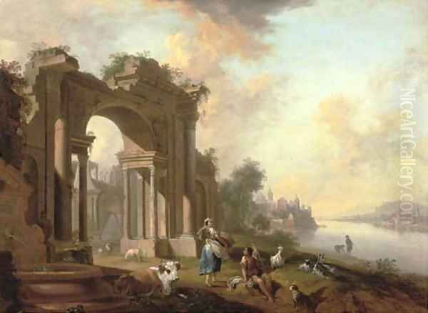 An architectural 'capriccio' with a shepherd and a washerwoman by a river, a town beyond Oil Painting by Christian Georg Schuttz II