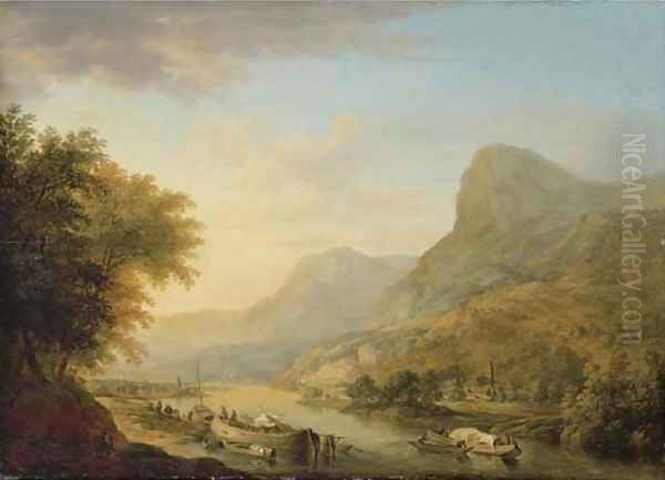 A mountainous river landscape with a town beyond Oil Painting by Christian Georg Schuttz II