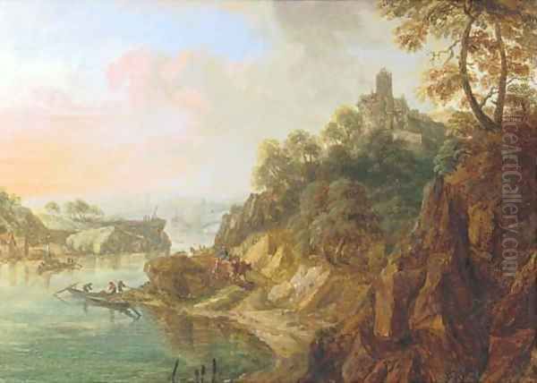 A Rhenish landscape with herdsmen on a track near a castle Oil Painting by Christian Georg Schuttz II