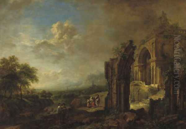 A wooded river landscape with travellers by a ruined gothic church Oil Painting by Christian Georg Schuttz II