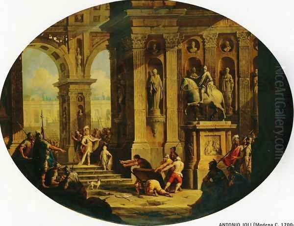 A Capriccio of a Classical Palace with Alexander at the Tomb of Achilles Oil Painting by Antonio Joli