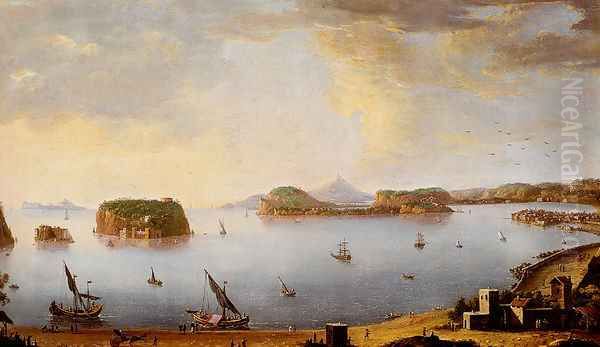 View Of The Bay Of Pozzuoli With The Port Of Baia, The Islands Of Nisida, Procida, Ischia And Capri Oil Painting by Antonio Joli