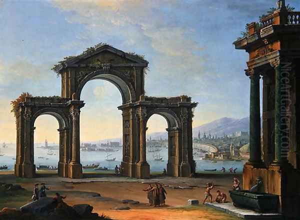 Harbour Scene with Triumphal Arch Oil Painting by Antonio Joli