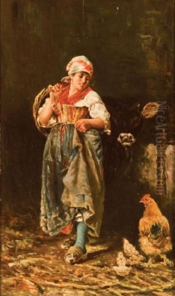 Contadina In Una Stalla Oil Painting by Vincenzo Caprile