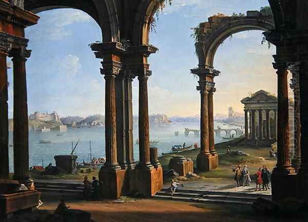 Harbour Scene through Ruined Arches Oil Painting by Antonio Joli