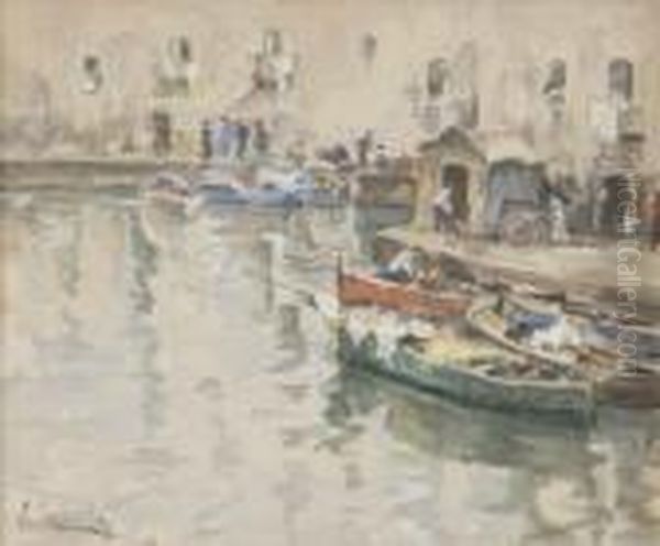 Canale Con Barche Oil Painting by Vincenzo Caprile