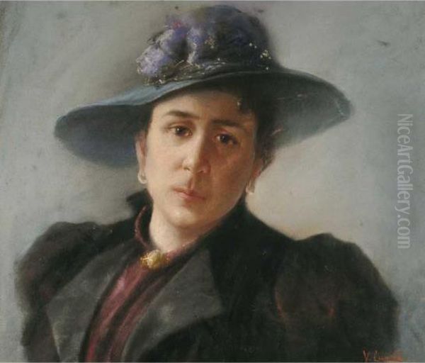 Signora Con Cappellino Oil Painting by Vincenzo Caprile