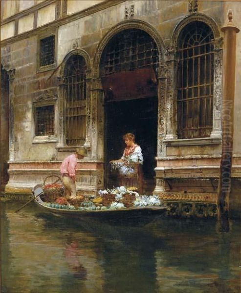 Venezia, Il Fioraio In Gondola Oil Painting by Vincenzo Caprile