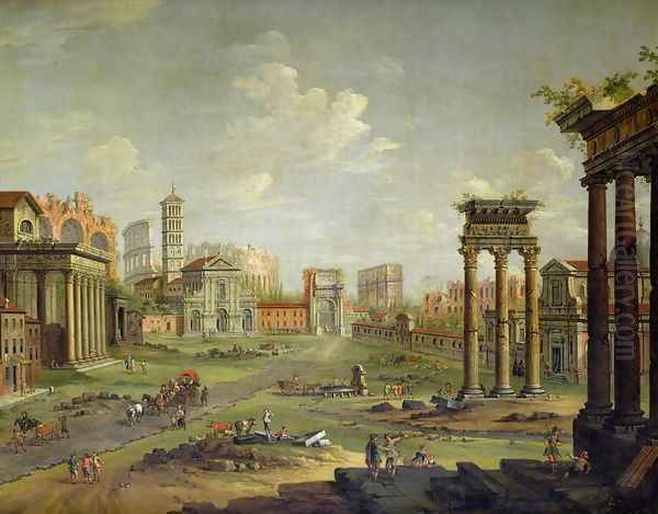 The Campo Vaccino Rome Looking Towards St Francesca Romana and the Arch of Titus from the Temple of Saturn Oil Painting by Antonio Joli