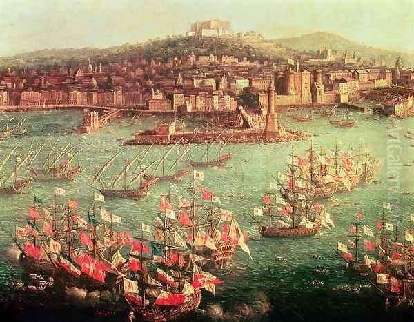 The fleet of King Charles III 1716-88 of Spain before the city of Naples Oil Painting by Antonio Joli