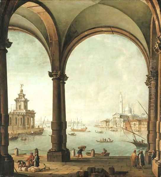 A capriccio of the Bacino di San Marco, Venice, from the entrance to the Giudecca, with the Punta della Dogana and San Giorgio Maggiore Oil Painting by Antonio Joli