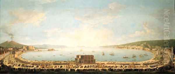 A panoramic view of the Bay of Naples, with the royal procession to Piedigrotta Oil Painting by Antonio Joli