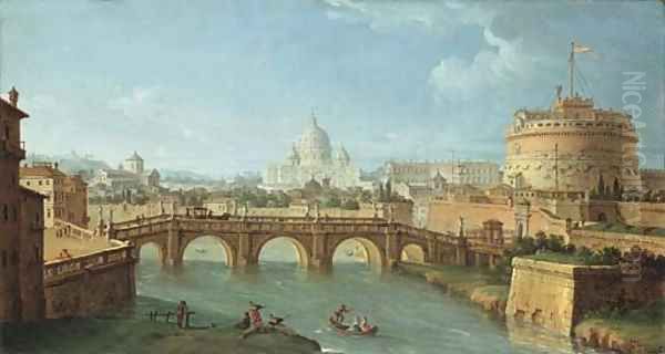 The Tiber, Rome, looking downstream with the Castel and Ponte Sant'Angelo, Saint Peter's and the Vatican, Santo Spirito in Sassia Oil Painting by Antonio Joli