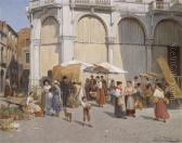 Flower Market In Padua Oil Painting by Jacques Carabain