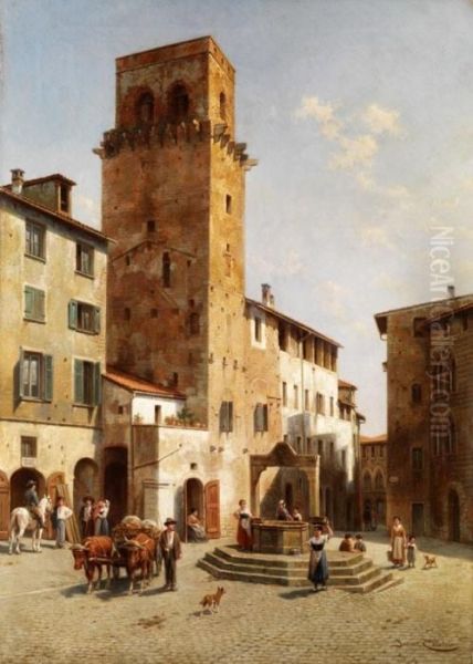 Platz In San Gimignano Oil Painting by Jacques Carabain