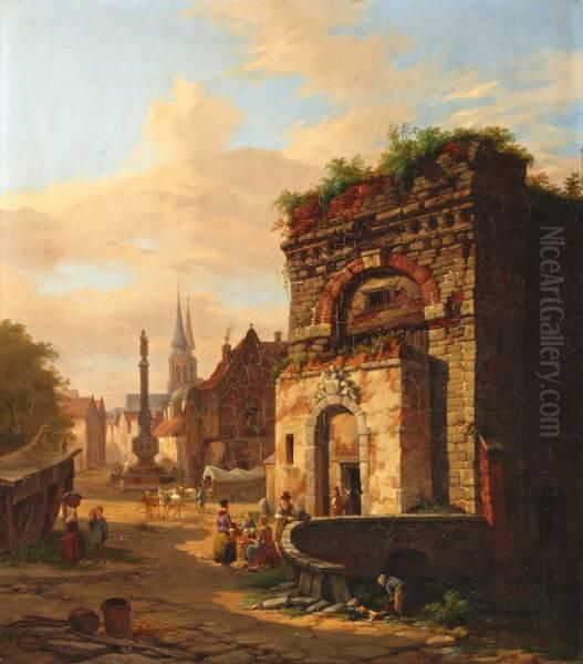 Stadsgezicht Met Figuren Bij Een Ruine Oil Painting by Jacques Carabain