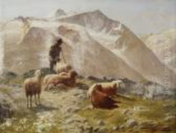 Bergachtig En Besneeuwd Landschap Met Schapenhoeder. Oil Painting by Jacques Carabain