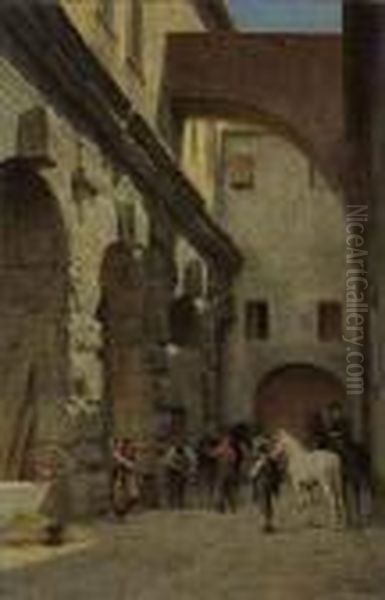 A Blacksmith Fitting Horseshoes In A Roman Courtyard Oil Painting by Jacques Carabain